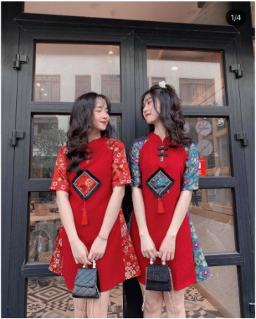 Áo dài cách tân phong cách, đầm đỏ sườn xám phối gấm hoa cao cấp