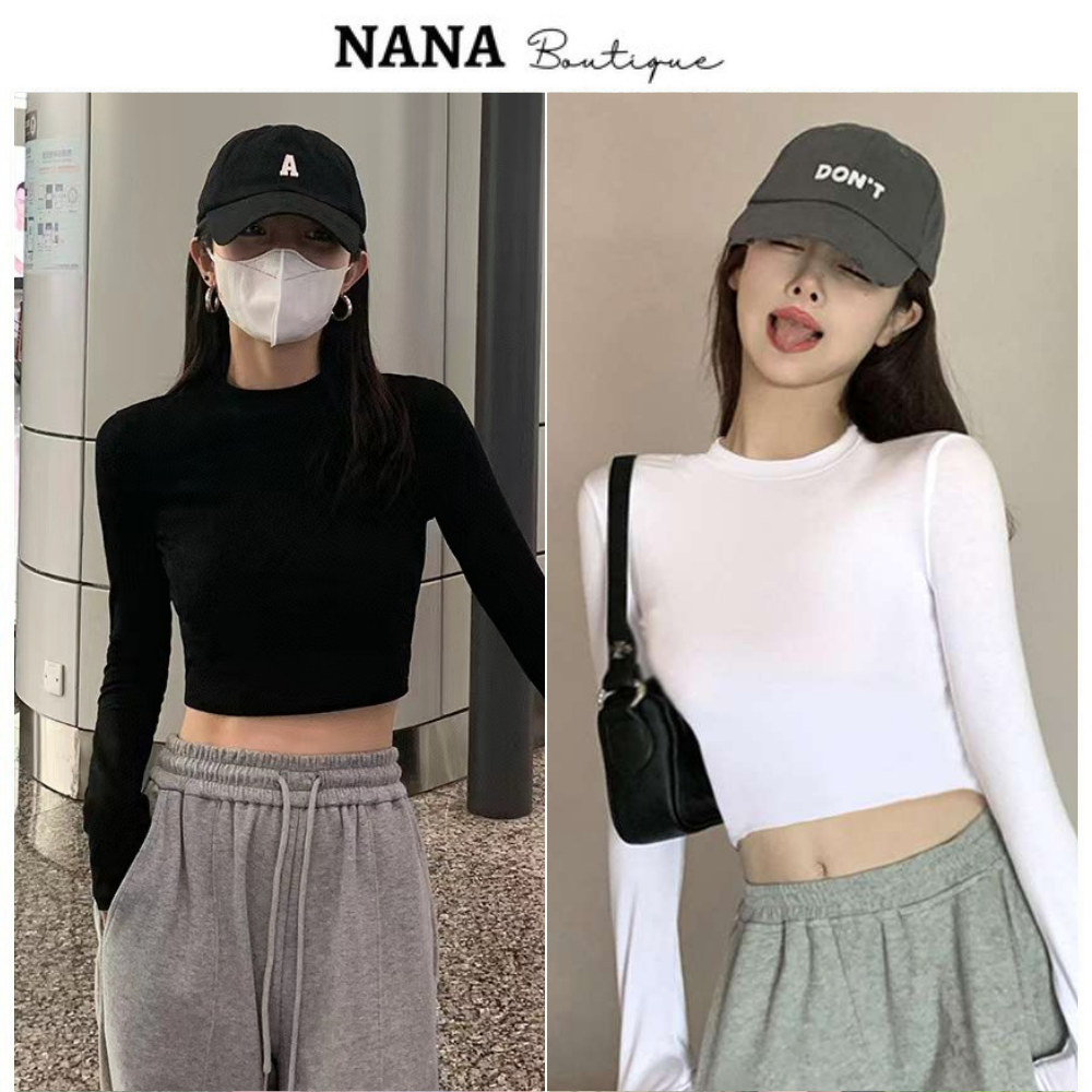 Áo thun trơn croptop dài tay cồ tròn basic dễ phối đồ, áo ôm body siêu xinh