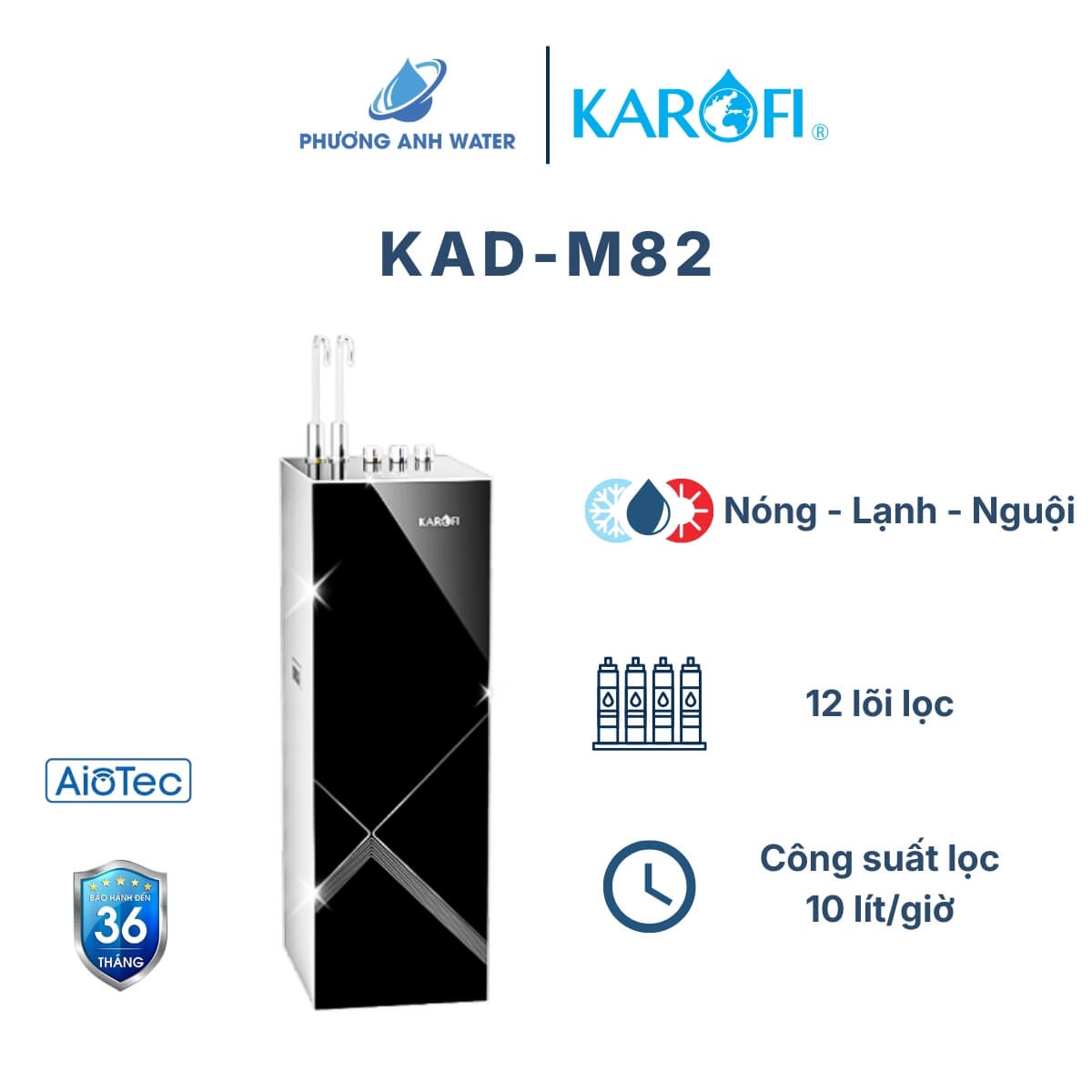 Máy lọc nước Karofi KAD-M82 thế hệ 2024, 12 lõi lọc, 3 chế độ Nóng Lạnh Nguội, tạo Hydro-ION Kiềm, công suất lọc 10 lít/giờ, bảo hành 36 tháng