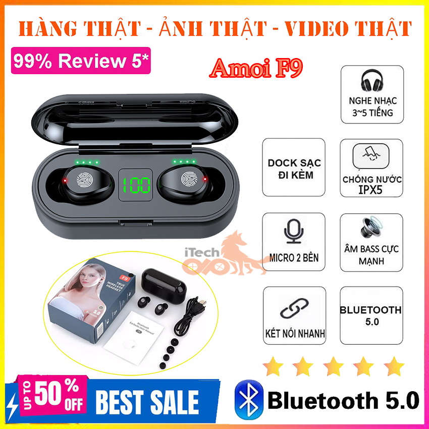 Tai nghe Bluetooth AMOI F9 Công nghệ bluetooth 5.0 - kèm sạc dự phòng, tự động kết nối Bluetooth với điện thoại khi ở trạng thai sẵn sàng