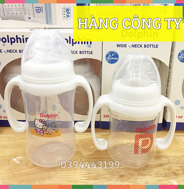 (Tặng 1 Núm) Bình Sữa Cổ Rộng Có Tay Cầm 180ml/240ml Dolphin | Dp019AB