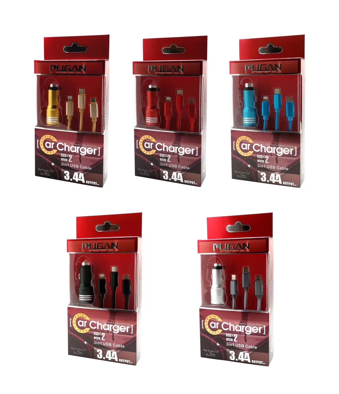 Bộ tẩu sạc pugan 2 cổng usb kèm dây 3 đầu sạc cho ô tô 3.4a