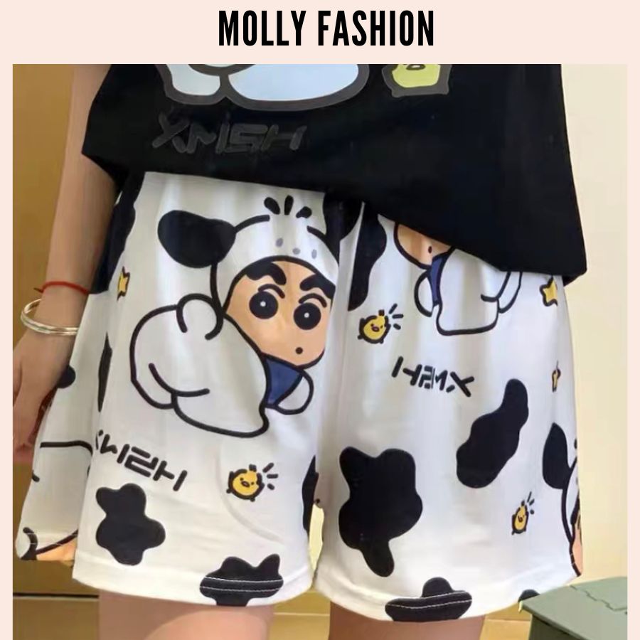 Quần Short hoạt hình BÒ SỮA SHIN Unisex dành cho nam nữ mặc nhà đi biển mặc nhóm Freesize 3865kg Molly Fashion