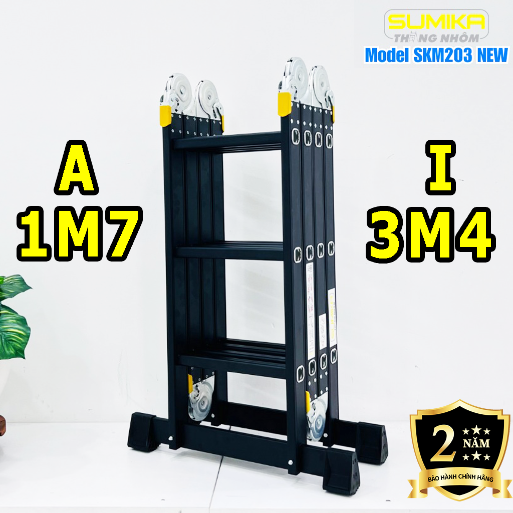 Thang nhôm gấp 4 đoạn Sumika SKM203 NEW (chữ A - 1.73m, chữ I - 3.58m), 14 tư thế sử dụng, tải trọng 300kg, sơn tĩnh điện, chống trầy xước, khóa chốt cao cấp, nhiều đế cao su chống trượt