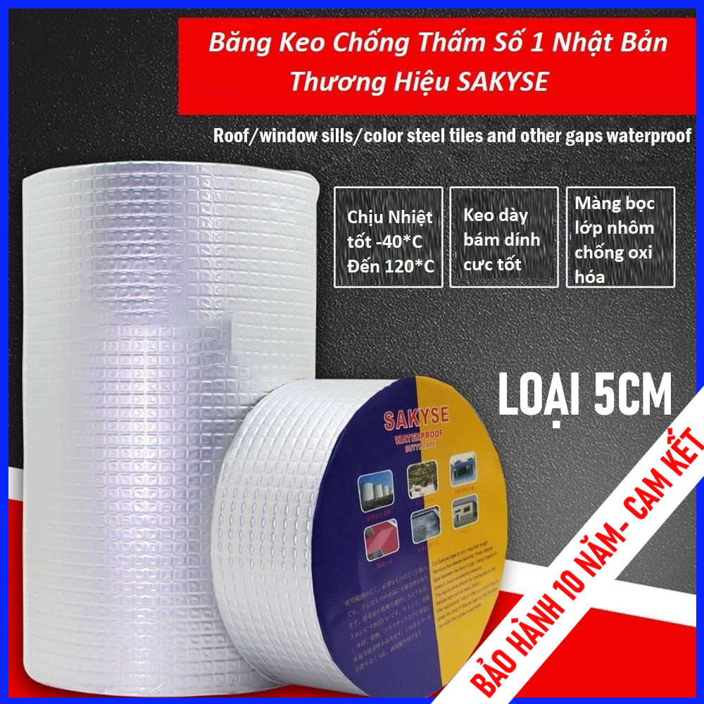 [Loại 5cm]Băng keo siêu dính Nhật Bản Sakyse,vá lỗ thủng,khe nứt,siêu chống thấm, thấm,chống dột thùng,vải bạt,trần nhà,mái tôn,ống nước,bể nước,xô chậu tốt hơn băng keo chống thấm x2000