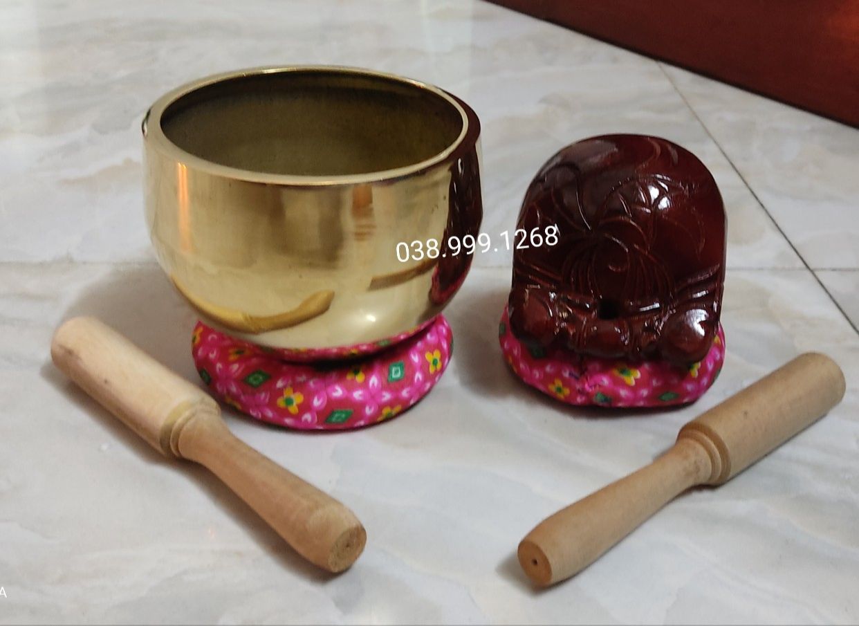 Chuông mõ bát, chuông tụng kinh cao cấp bằng đồng bộ chuông và mõ bằng đồng 9cm và 12cm