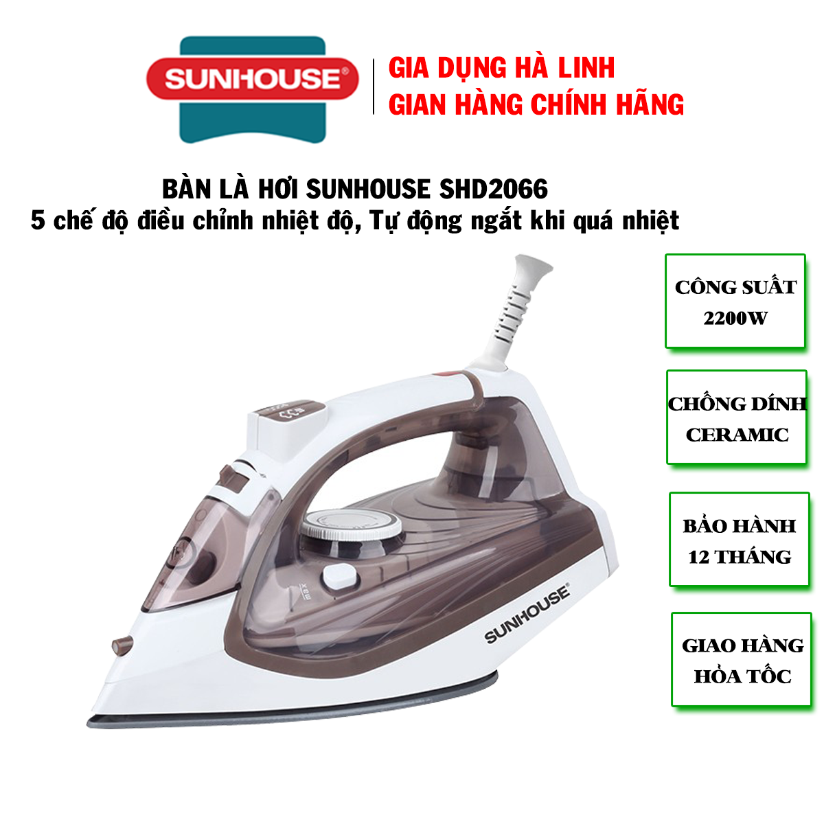 Bàn là hơi nước Sunhouse SHD2066 - Bàn ủi hơi nước SHD2067 - Bàn là Sunhouse SHD2065, Mặt bàn là phủ chống dính, Dễ dàng trượt êm trên mọi chất liệu, Tự động xả cặn thông minh, tăng độ bền, Bảo hành 12 tháng