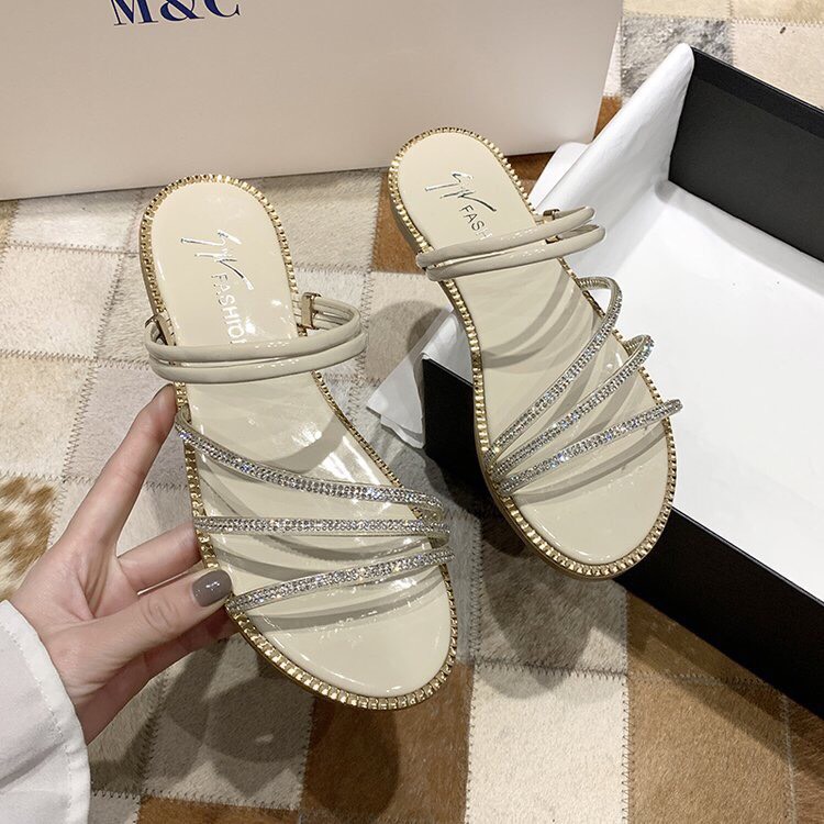 Dép Sandal nữ đế bằng quai chéo đính đá siêu xinh đi được 2 kiểu-SB13