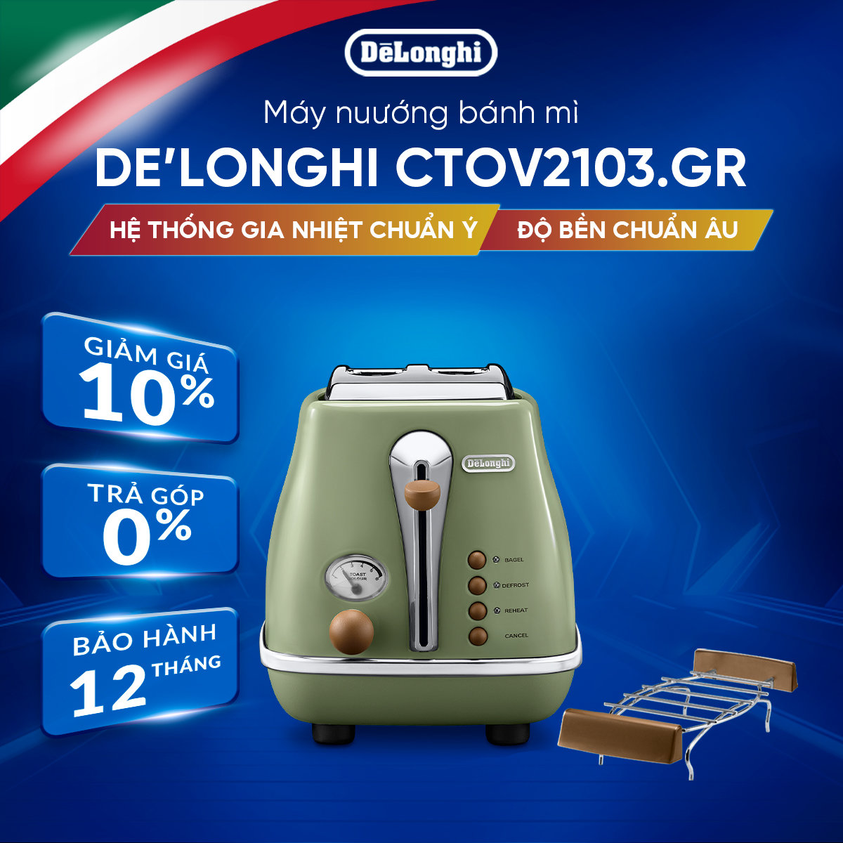 Delonghi Ctov2103 Icona Vintage Toaster (Bg/Gr) - Many Functions - Genuine