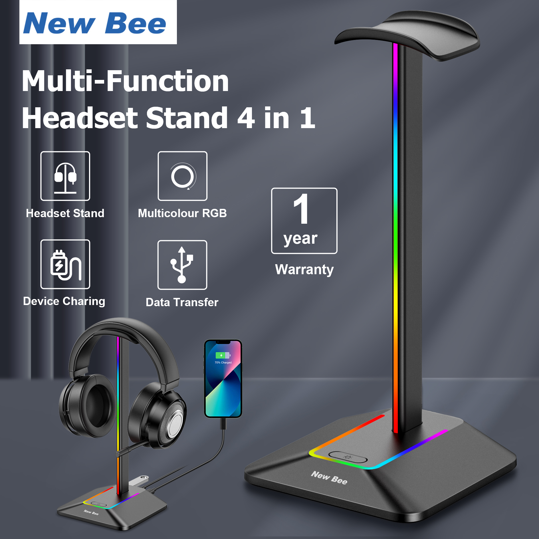New Bee Chân đế tai nghe RGB Chân đế tai nghe với bộ sạc USB Type-C và truyền dữ liệu Giá đỡ tai nghe đa năng Giá đỡ tai nghe chơi game Phù hợp với tất cả các tai nghe