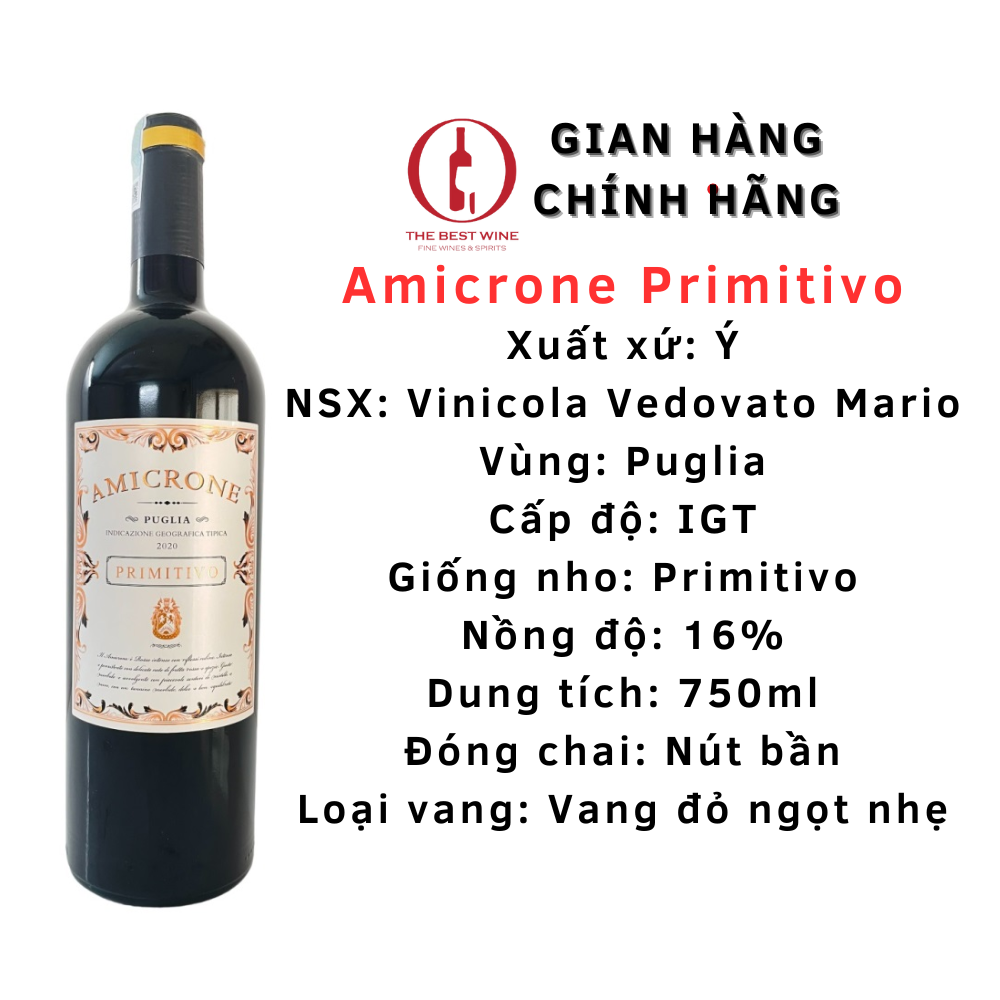 Vang Ngọt Ý Amicrone Primitivo Puglia 16 Độ Nhập Khẩu