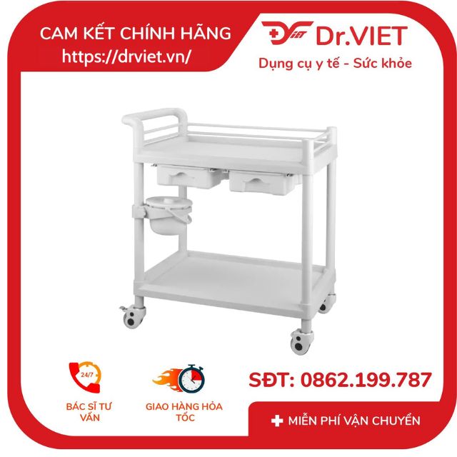 Xe đẩy dụng cụ tiêm nhựa ABS, loại 2 tầng cỡ vừa, 1 hộc kéo size M 6 Xe đẩy dụng cụ tiêm nhựa ABS, loại 2 tầng cỡ vừa, 1 hộc kéo size M