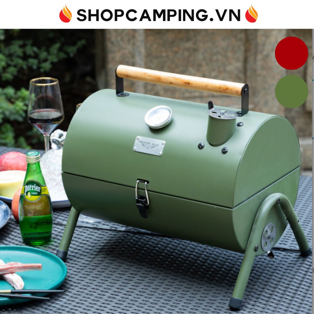 Lò nướng BBQ hun khói Maison Huis có đồng hồ đo nhiệt, bếp nướng than hoa dã ngoại cắm trại - Camping VietNam