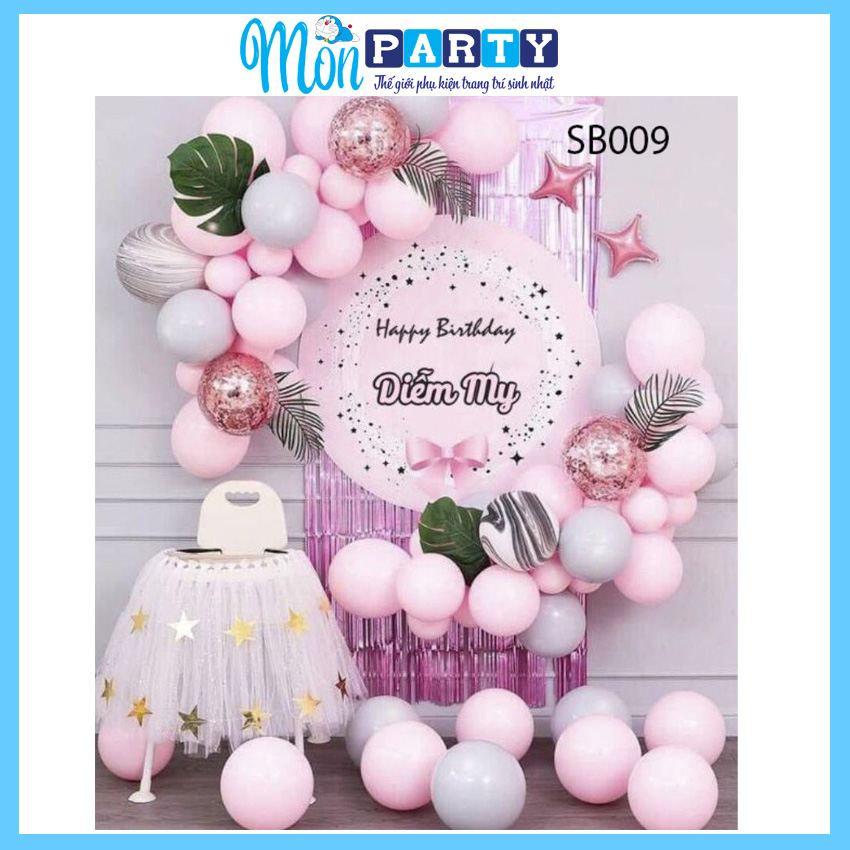 Set bóng sinh nhật kèm phông bạt tone hồng pastel có ảnh thật trang trí sinh nhật cho bé gái