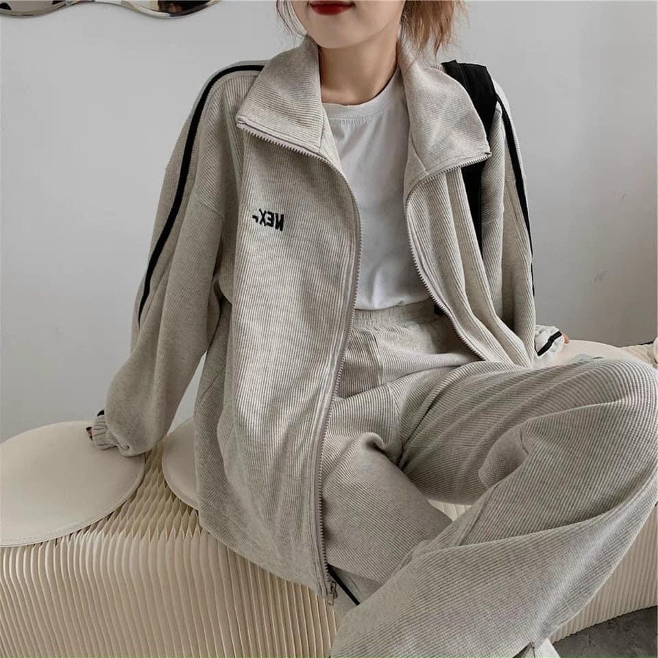 Bộ Len Tăm Xám NEX 🌸 Áo khoác kèm quần dài chất len gân dáng rông thể thao Ulzzang