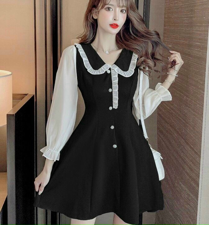 [HCM]Đầm tay dài bồng  mẫu váy bánh bèo nữ đầm xòe đẹp hàng nút