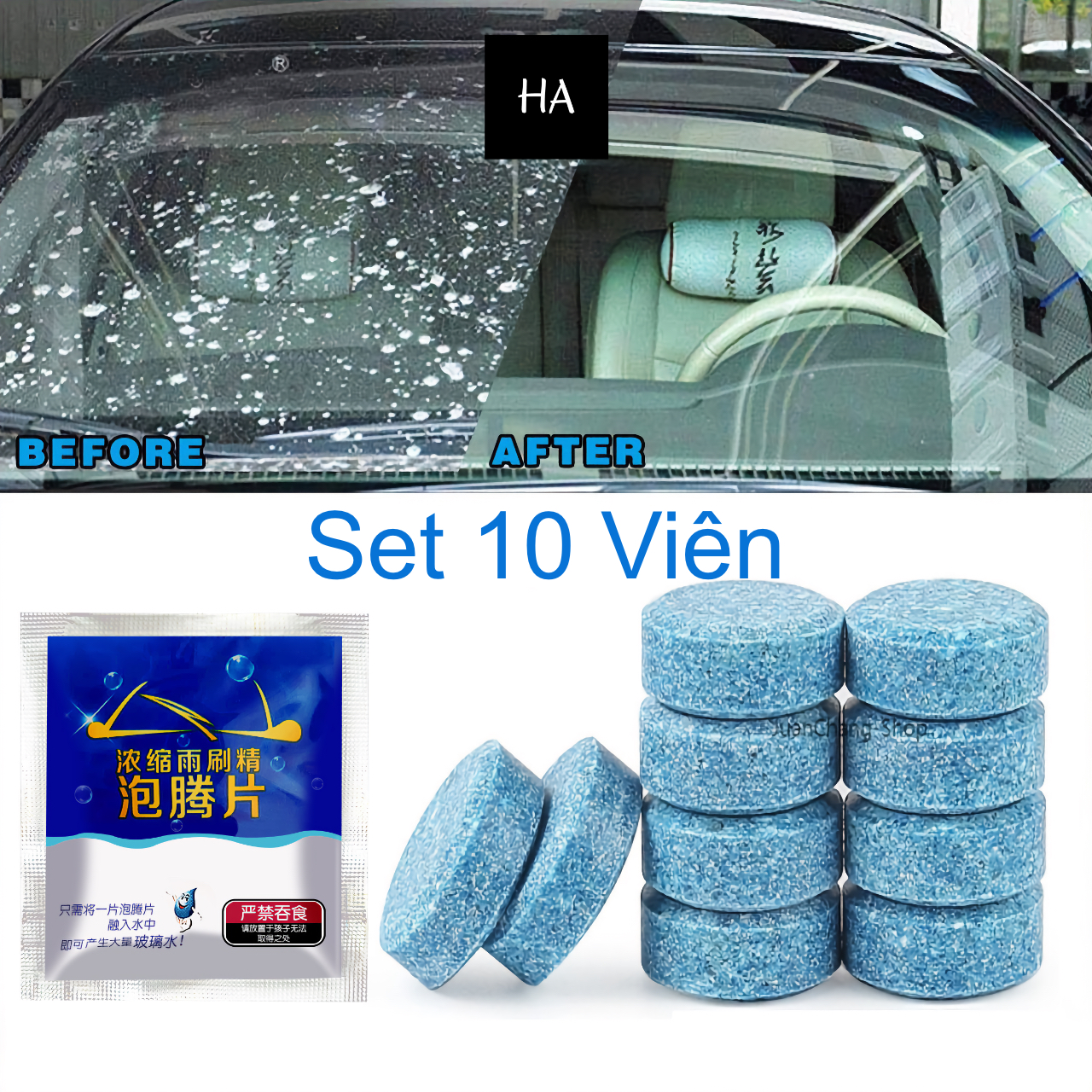 Viên rửa kính ô tô, nước rửa kính ô tô set 10 viên