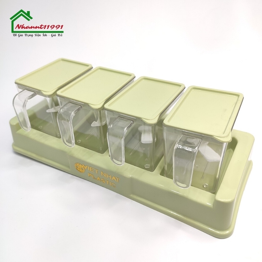Bộ 4 Lọ Gia Vị Có Thìa Muỗng Nhựa Việt Nhật - Hũ Đựng Gia Vị Có Nắp Đậy
