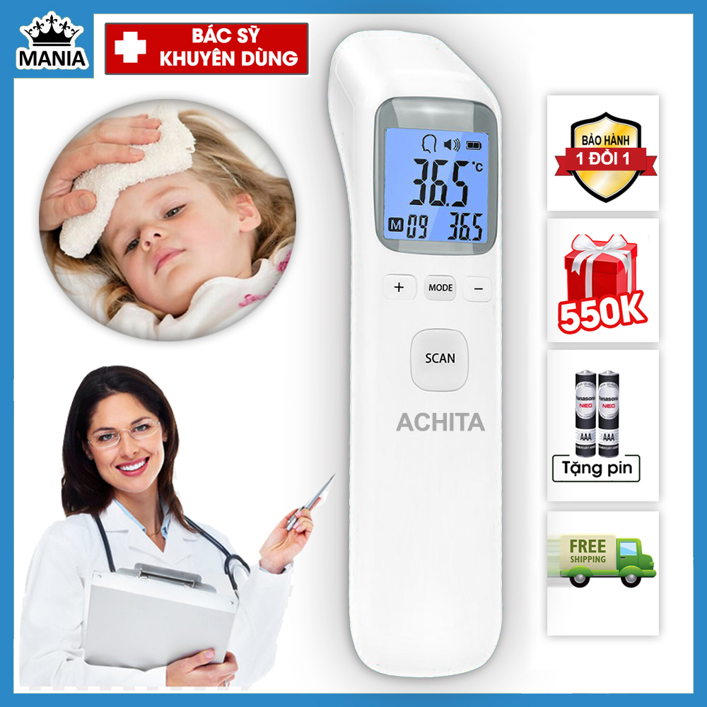 Nhiệt kế hồng ngoại ACHITA đo nhiệt độ chính xác siêu nhanh chỉ 1 giây, máy đo thân nhiệt đa năng bảo vệ sức khỏe cho mọi người, đo được nhiệt độ nước, phòng, đồ ăn, nhỏ gọn dễ sử dụng, bảo hành 6 tháng - Shop MANIA
