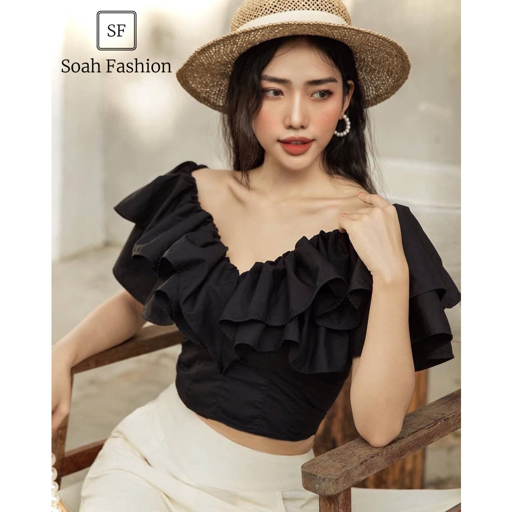 Áo Croptop Bèo Ngực 2 Tầng Dây Kéo Đồng MAMI màu Đen - Áo nữ hở vai thiết kế dạo phố ôm dáng sang trọng TN1350