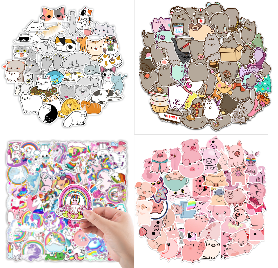 Set 50 miếng Sticker dán nón bảo hiểm, vali, laptop hình mèo, hình lợn hồng động vật dễ thương