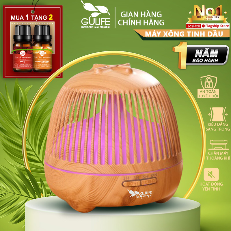 Máy Khuếch Tán Tinh Dầu Phun Sương Tạo Độ Ẩm GULIFE Mẫu Lồng Chim 550ml Đèn Ngủ LED 7 Màu - Tặng Remote Và Tinh Dầu GULIFE - Tạo Ẩm, Làm Thơm Phòng Hiệu Quả - MKTA66