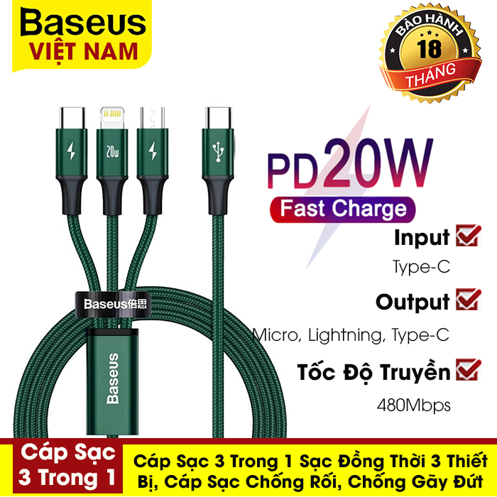 Cáp sạc baseus 3 trong 1 đầu vào cổng type-c cáp sạc nhanh pd 20w cho iphone/ samsung/ huawei/ xiaomi...