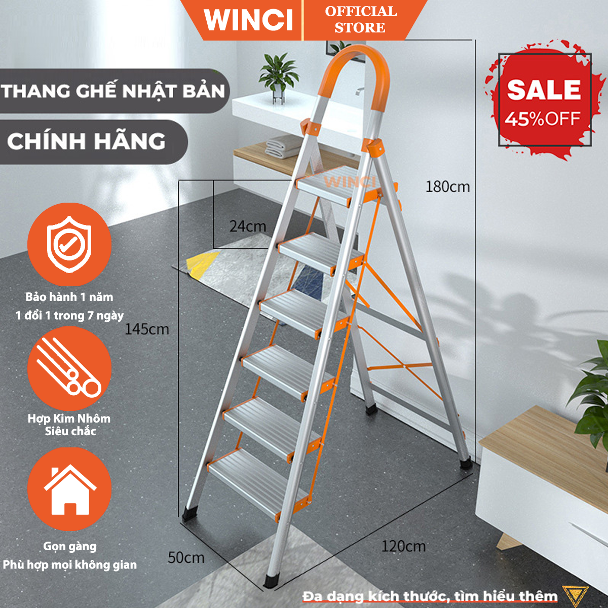 Thang ghế nhôm gia đình, thang gấp gọn, nhiều tầng, Chính hãng Winci