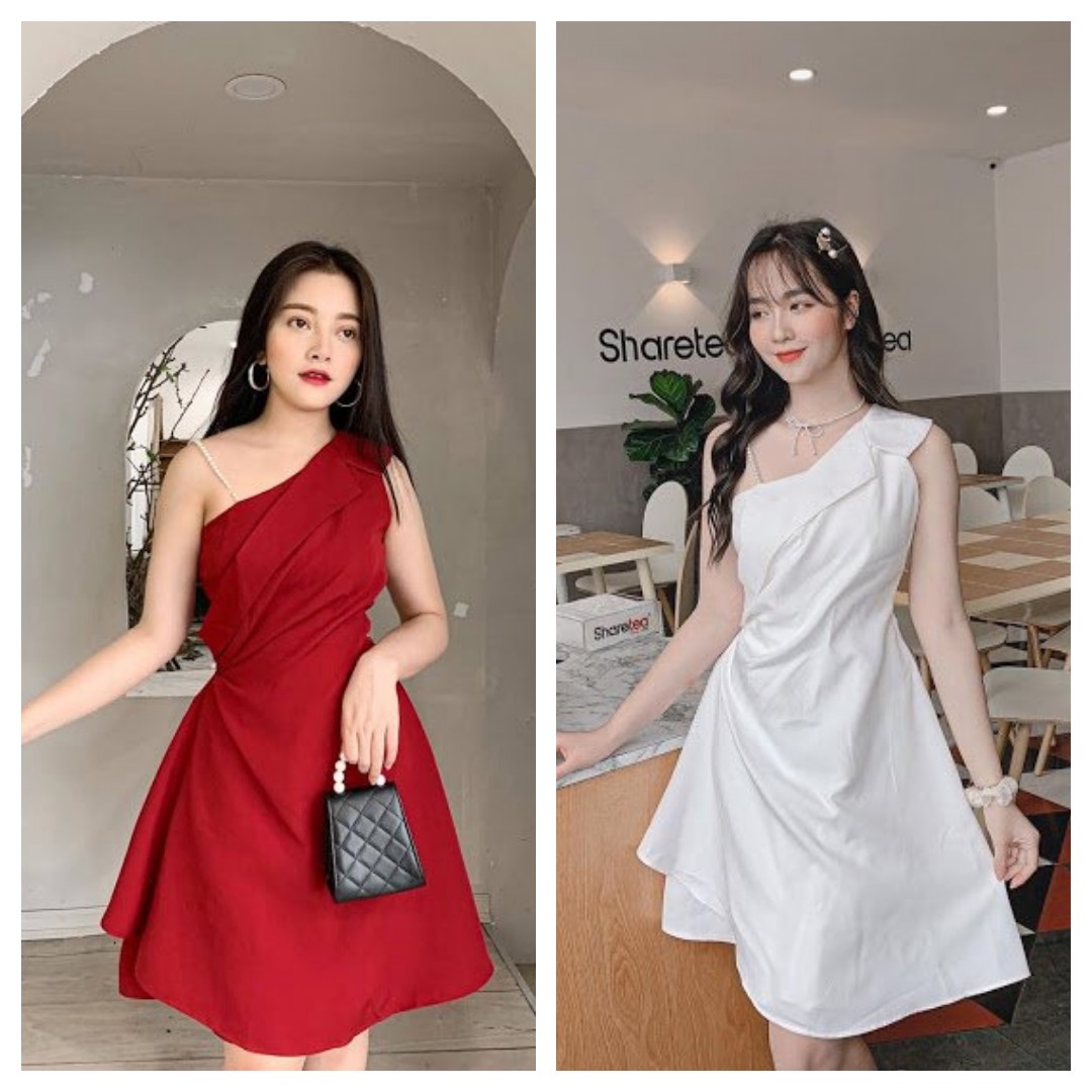 Đầm dự tiệc lệch vai 1 bên đính chuỗi sang trọng quý phái