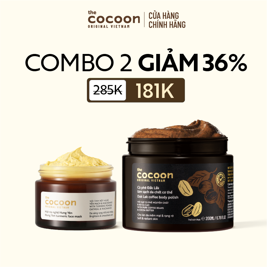 COMBO 1  Mặt nạ nghệ Hưng Yên Cocoon giúp da rạng rỡ  mịn màng 30ml + 1 Hũ Tẩy da chết cơ thể cà phê Đắk Lắk Cocoon cho làn da mềm mại và rạng rỡ 200ml