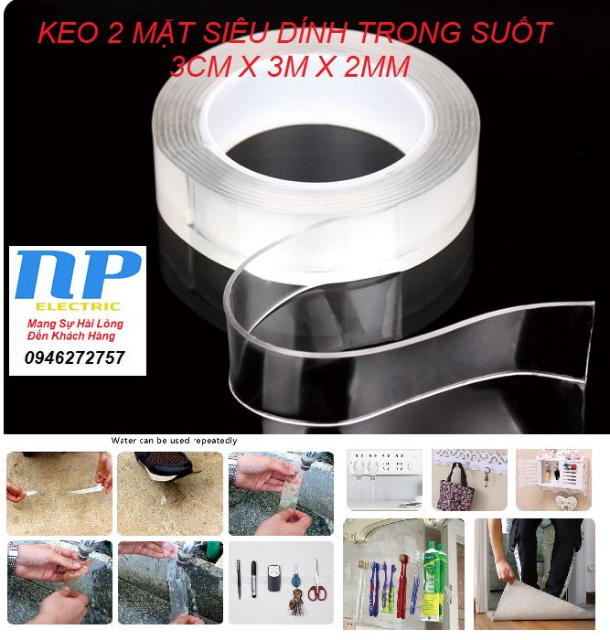 CUỘN KEO DÍNH NANO 2 MẶT TRONG SUỐT DÀI 3 MÉT - DÀY 2MM - RỘNG 3CM