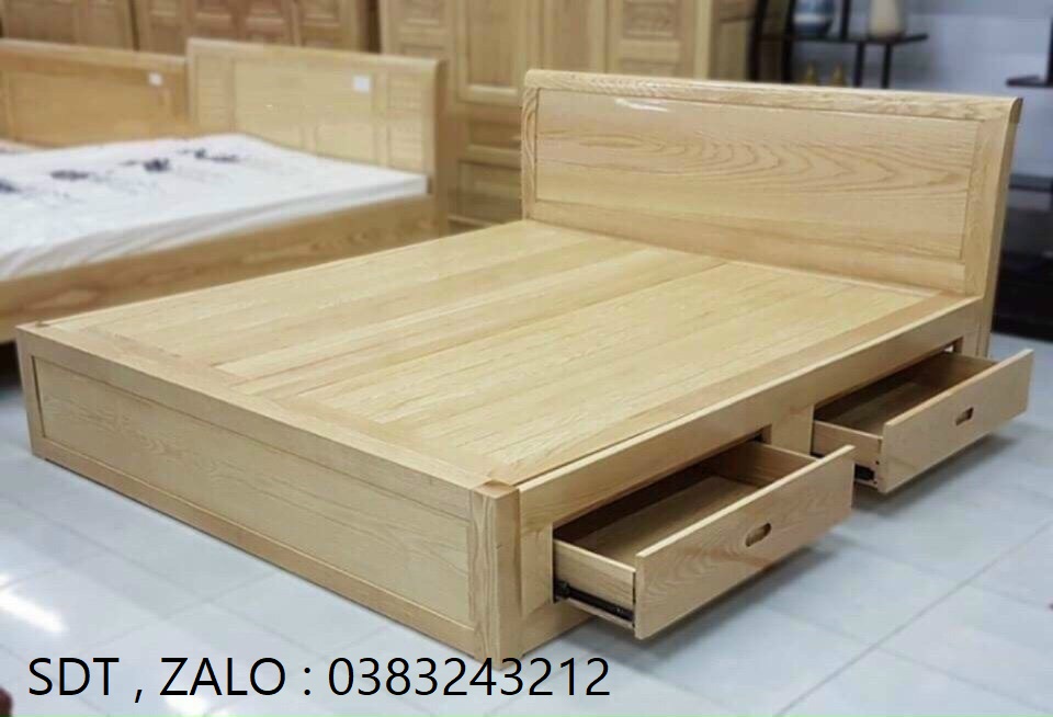 giường ngủ gỗ sồi có ngăn kéo 1m8 giường gỗ sồi có hộc giá thật