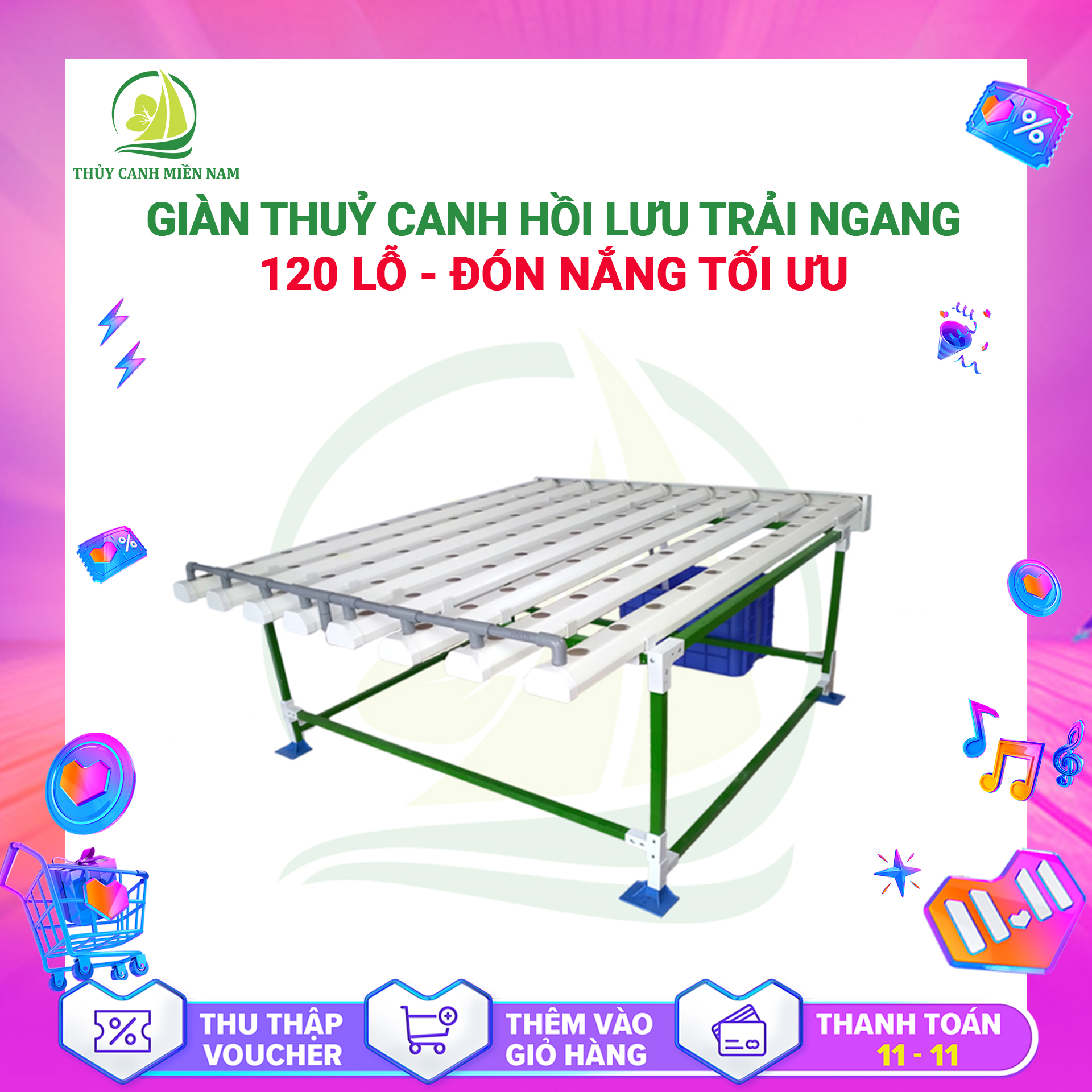 [Voucher 500k] Giàn Trồng Rau Thuỷ Canh Trải Ngang 6 Máng 2m 120 Lỗ