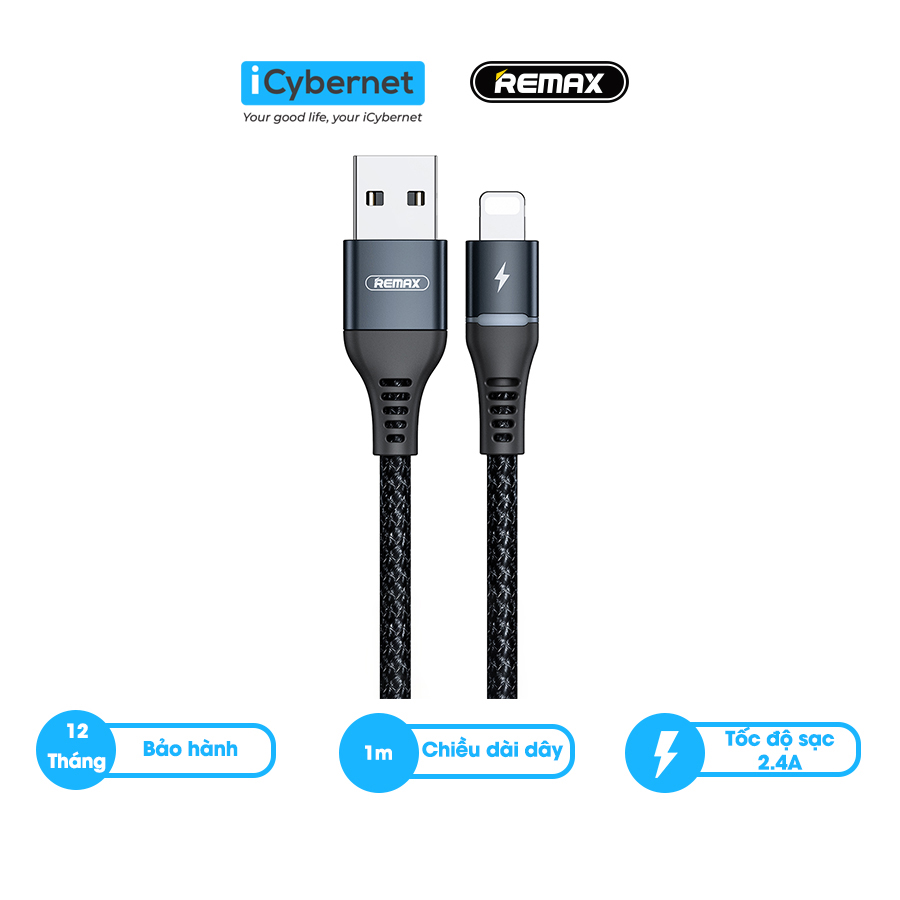Dây cáp sạc nhanh Remax RC-152i 2.4A chân Lightning cho Iphone, Ipad, Airpods - Sạc siêu nhanh, dây dù siêu bền, tích hợp đèn Led - Hàng chính hãng