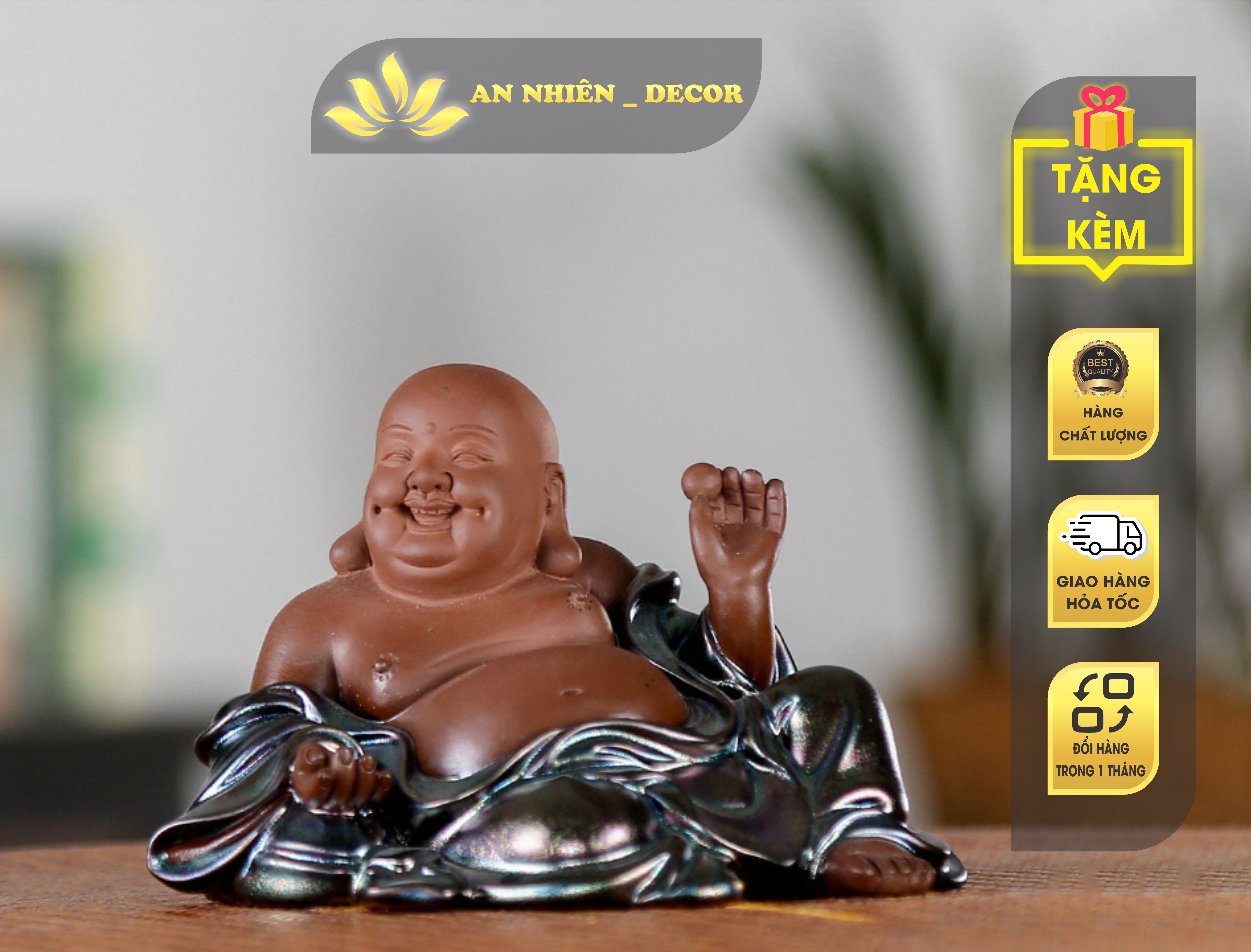 Tượng phật di lặc ngồi an nhiên - chất liệu gốm sứ thủ công cao cấp
