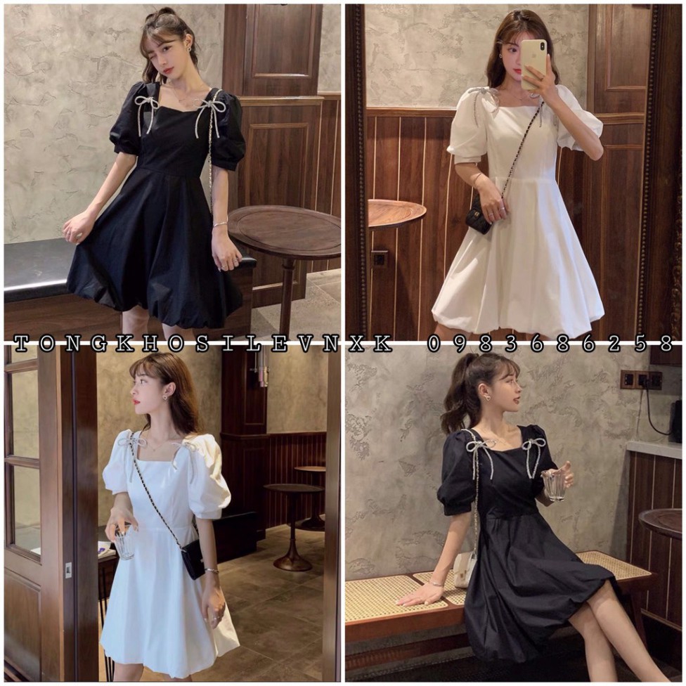 Đầm Nữ Vai Nơ Cổ Vuông 🦋 Váy Nữ Dáng Lỡ Xòe 2 Màu Trắng Đen Đính Nơ Nhũ Bling Ulzzang