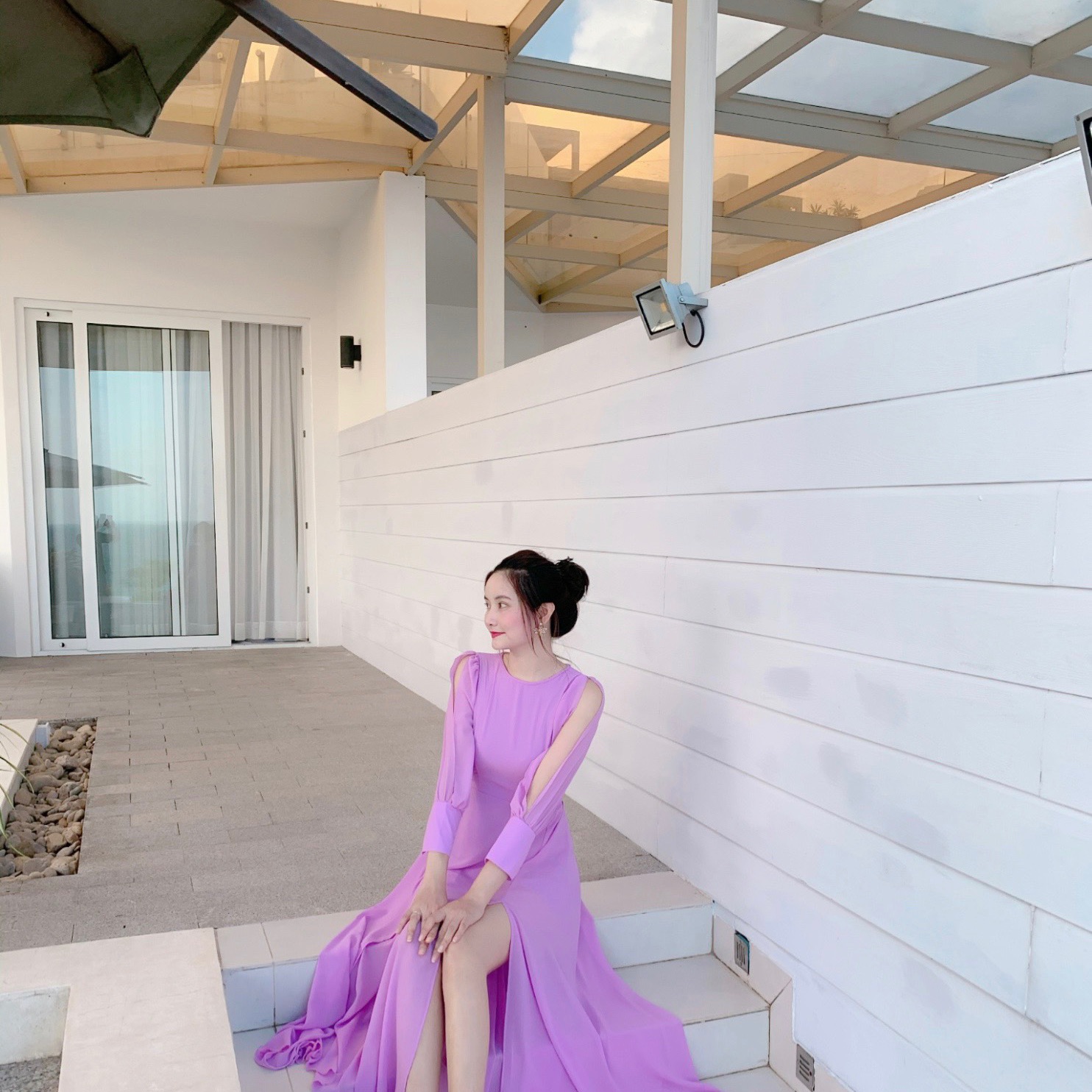 Đầm maxi voan tím tay dài xẻ đùi đi chơi, đi biển, đi tiệc sang trọng DM3827031 LEMITA