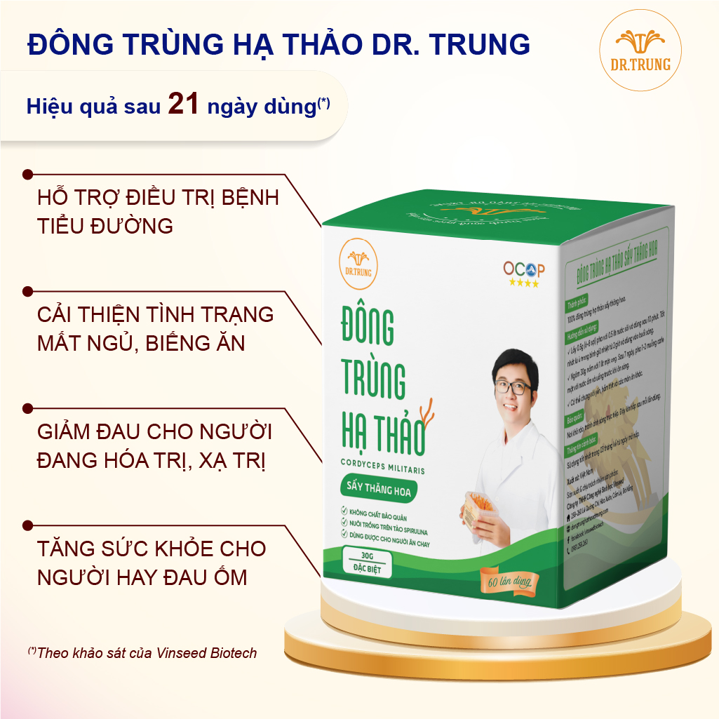 Dr. Trung - Nấm dược liệu Đông trùng hạ thảo loại Đặc biệt 30g. Sấy thăng hoa, nuôi trồng trên protein thực vật, không chất bảo quản. Đạt chuẩn OCOP 4 sao.