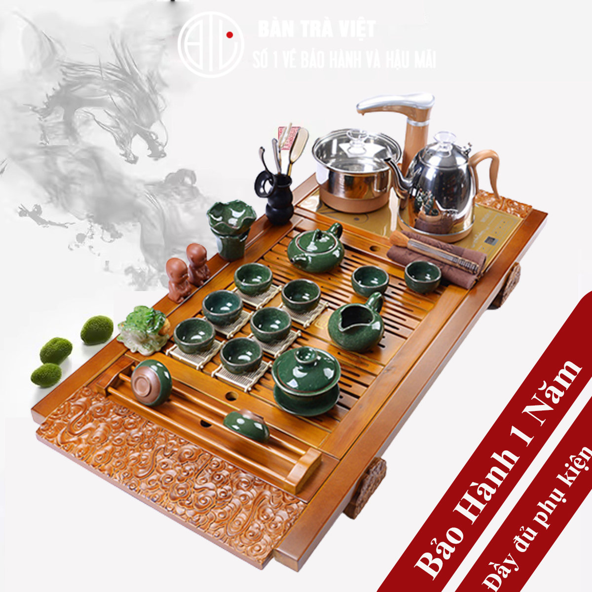 Bàn trà điện thông minh gỗ sồi đầy đủ chi tiết như ảnh trạm khắc vân hoa