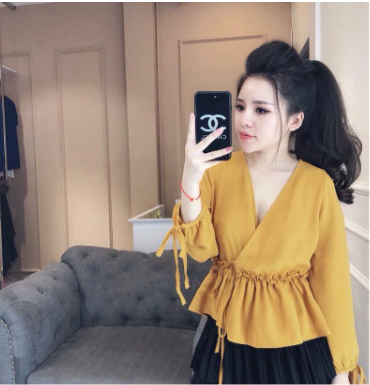 Áo kiểu nữ bèo nhún kết hợp dây thắt nơ