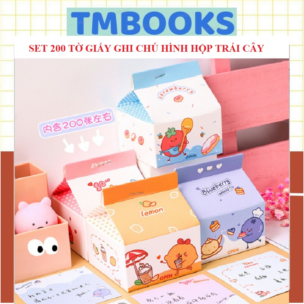 Set 200 Tờ Giấy Ghi Chú Hình Hộp Trái Cây / Chanh / Dâu Tây / Việt Quất , Đào