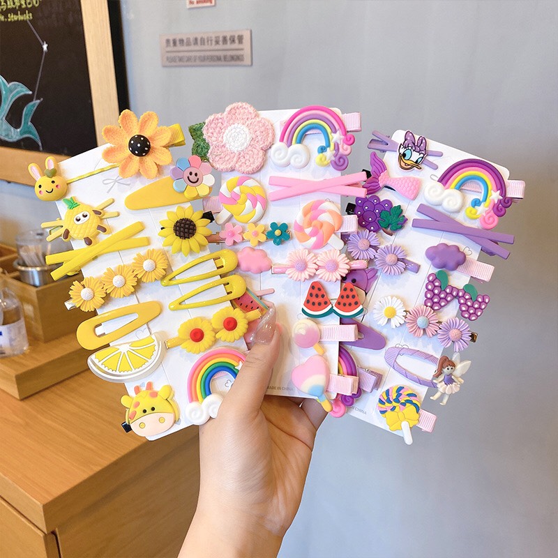 Kẹp tóc mái, Set 14 kẹp tóc cho bé gái nhiều màu sắc họa tiết dễ thương