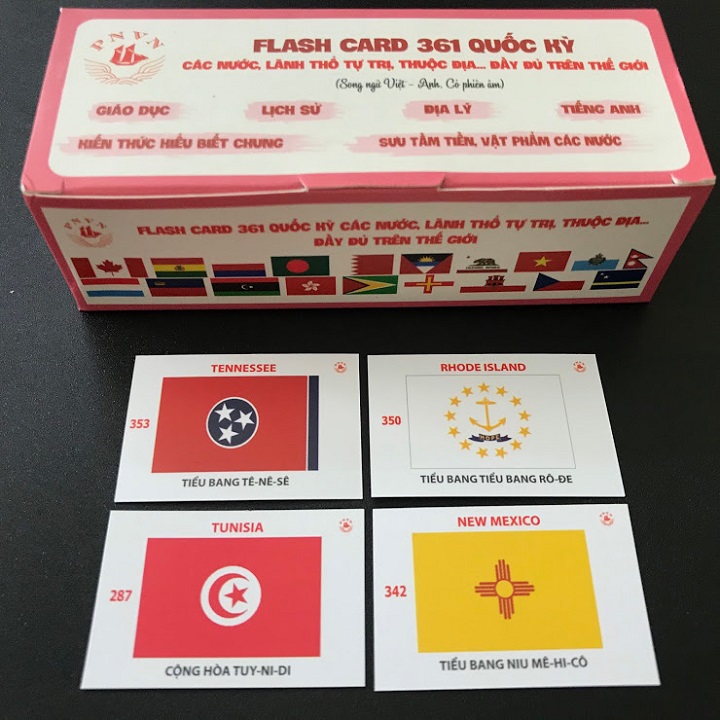Flash card 361 lá cờ quốc kỳ các nước và vùng lãnh thổ sẽ đem lại cho bạn trải nghiệm học tập vô cùng thú vị và đầy bổ ích. Với những hình ảnh sống động, bạn sẽ khám phá ra văn hóa và lịch sử của những quốc gia và vùng lãnh thổ trên khắp thế giới.