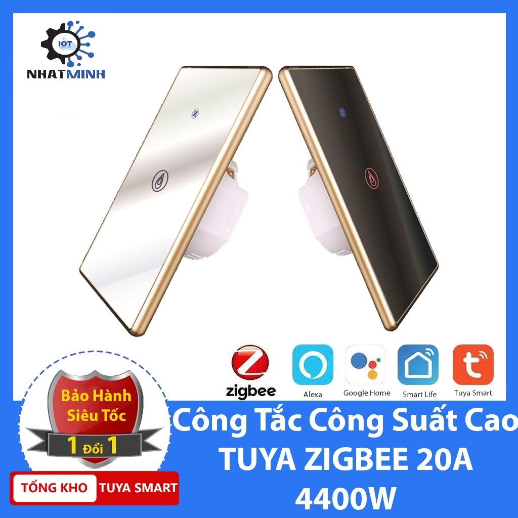 Zigbee 3.0|công tắc zigbee công suất cao tuya 4400w viền vàng chữ nhật, công tắc bình nóng lạnh hẹn giờ bật tắt từ x