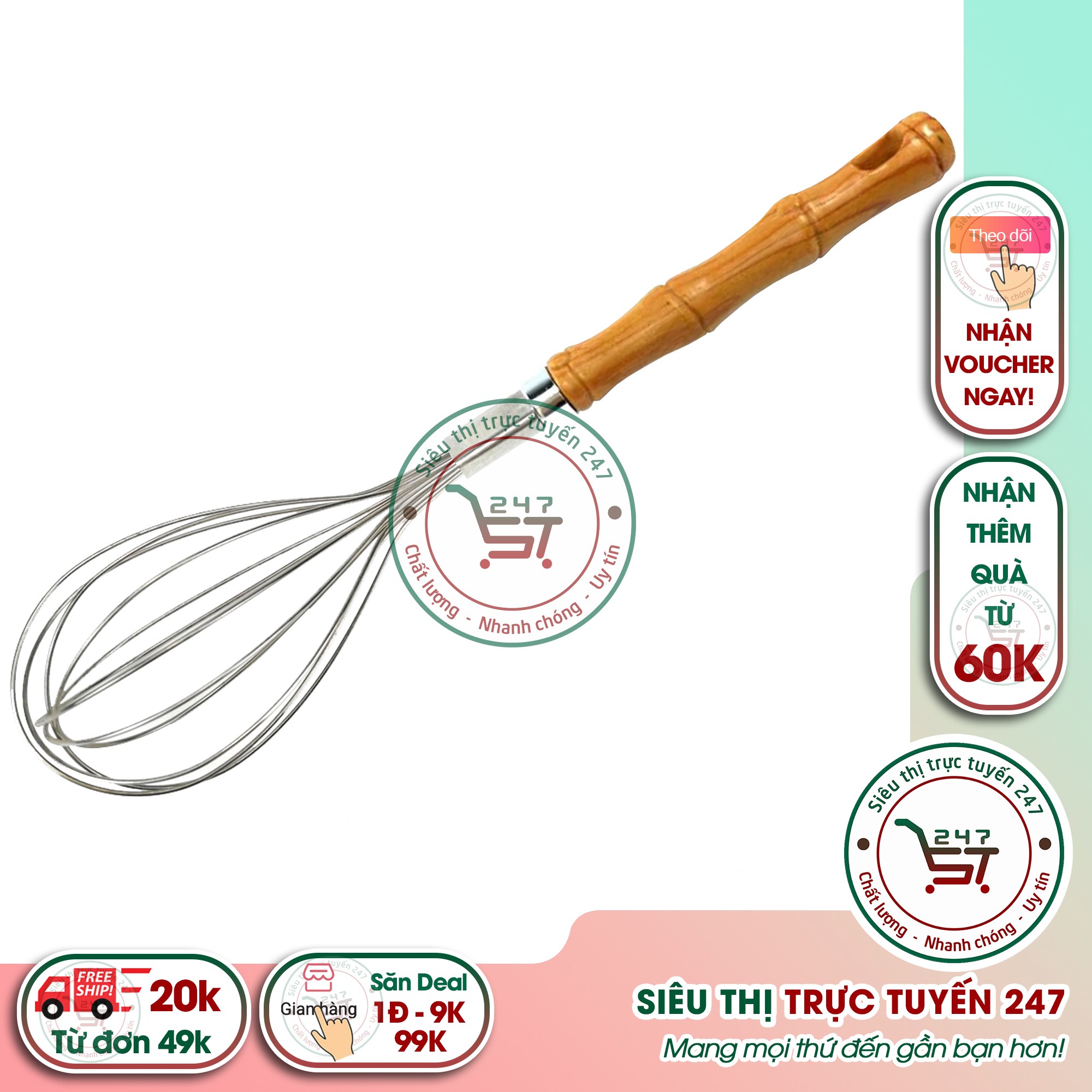 Đánh trứng bằng tay inox 304 không gỉ với cán nhựa giả gỗ dụng cụ làm bánh giá rẻ