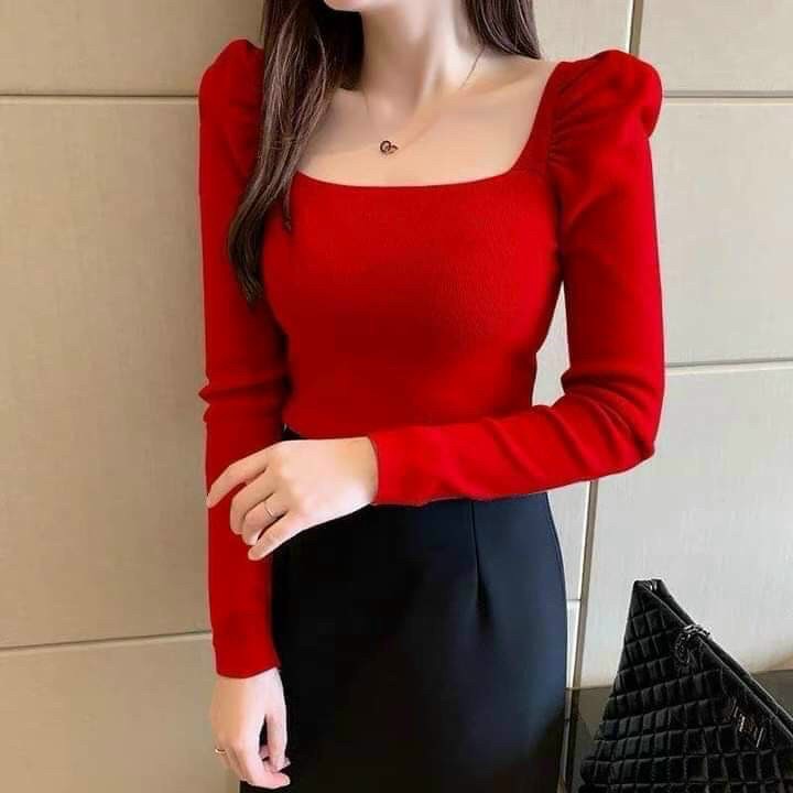 Áo thun gân len cổ vuông form dài ôm body tôn dáng, tay phồng dài nhúng tiểu thư