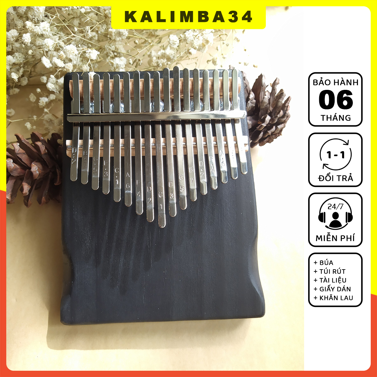 Đàn kalimba 17 phím màu đen, Kalimba gỗ nguyên khối Manhogany , Piano ngón tay cái âm vang hay không tịt tặng full phụ kiện