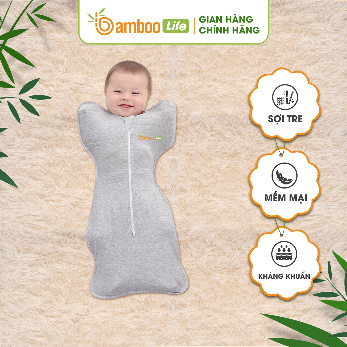 Nhộng chũn cho bé sơ sinh sợi tre Bamboo Life chũn quấn bé sơ sinh túi ngủ kháng khuẩn kén ngủ giúp bé ngủ ngon sâu giấc chống giật mình BL069