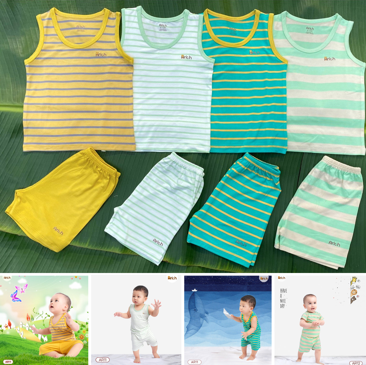 Bộ ba lỗ sọc vải sợi tre cao cấp cho bé từ 3 tháng đến 5 tuổi - ARICH