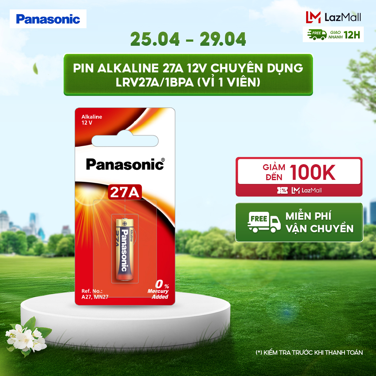 Vỉ 1 viên Pin Alkaline 27A 12V Chuyên Dụng Panasonic LRV27A/1BPA – Hàng Chính Hãng